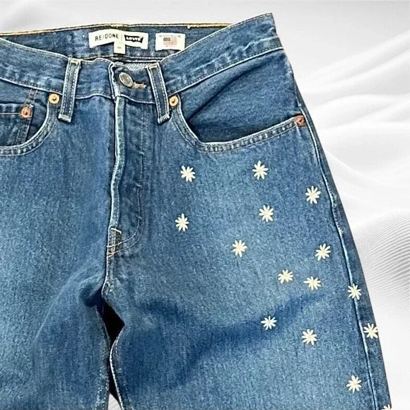 Re/done Levis Women's 501 Straight Jeans in Indigo Daisy medium Blue Denim sz 24 - Picture 3 of 11